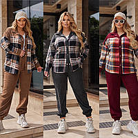 Жіночий костюм сорочка в клітинку кашемір і штани мікровельвет 50-52, 54-56, 58-60, 62-64