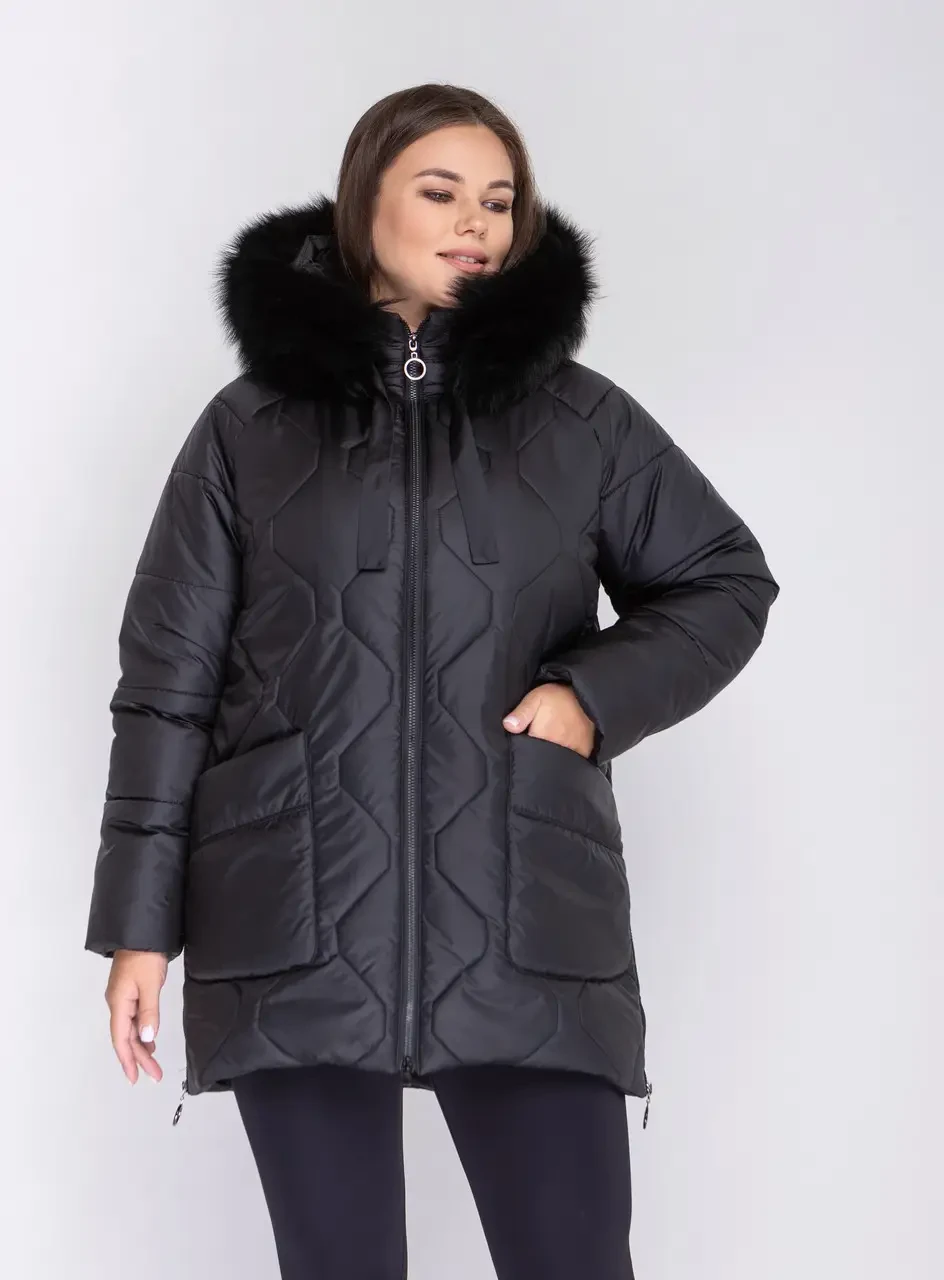 Чорний короткий пуховик з натуральним хутром Li-175 у розмірах 52-62, фото 1