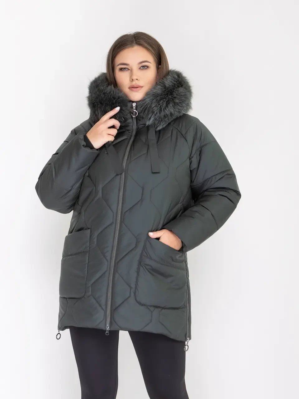 Жіночий синій пуховик з натуральним хутром Li-175 у розмірах 52-62, фото 1