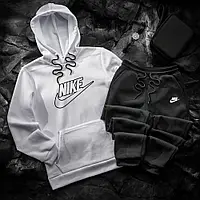 Чоловічий спортивний костюм зимовий Nike флісовий комплект худі та штани з начісом найк білий-чорний