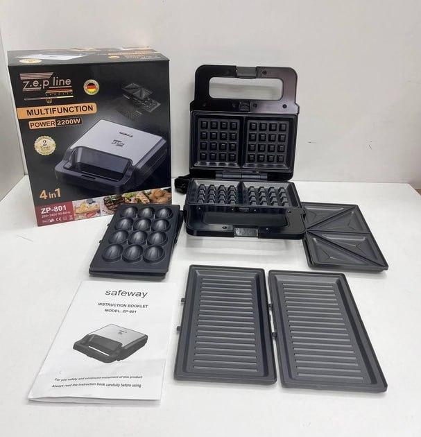 Сендвічниця 4 в 1 Zepline ZP-801 бутербродниця гриль вафельниця Чорний 2200 Вт, фото 1