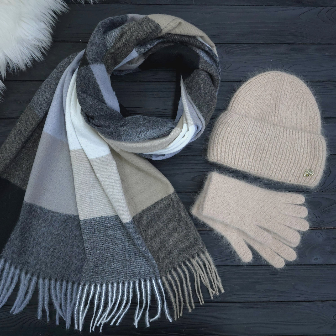 Комплект жіночий зимовий ангоровий на флісі (шапка+шарф+рукавички) ODYSSEY 56-59 см бежевий 13905  - 1080 - 4192, фото 1