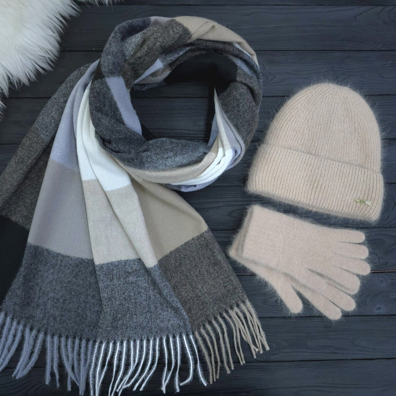 Комплект жіночий зимовий ангоровий на флісі (шапка+шарф+рукавички) ODYSSEY 55-58 см бежевий 13936 - 1080 - 4192, фото 1