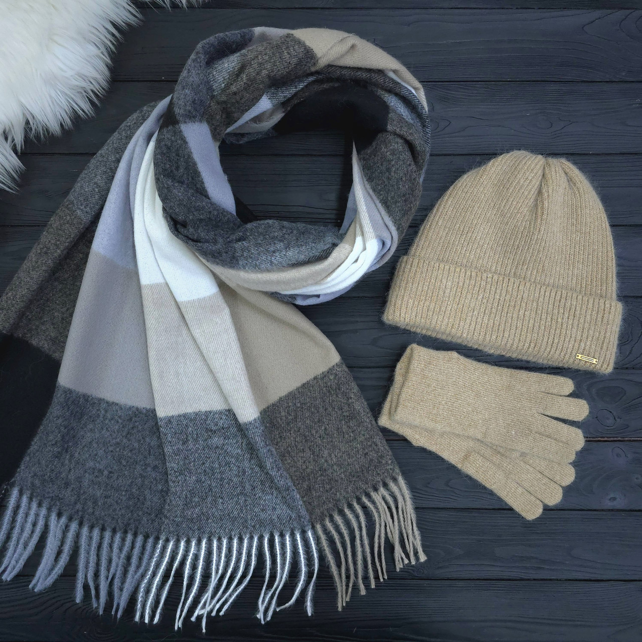 Комплект жіночий зимовий ангора з вовною на флісі (шапка+шарф+рукавички) ODYSSEY 56-58 см бежевий 12706 - 1080 - 4075, фото 1