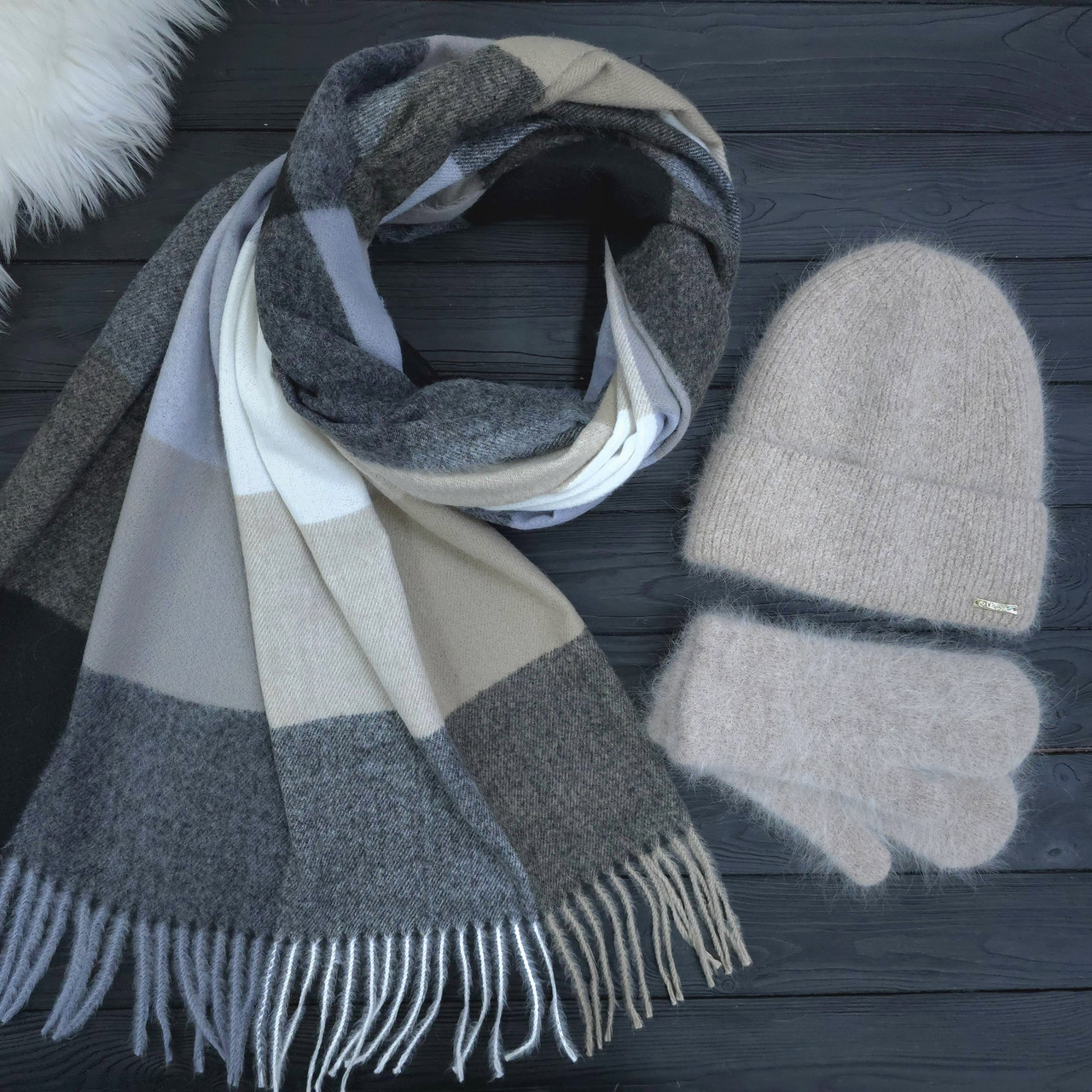 Комплект жіночий зимовий ангоровий на флісі (шапка+шарф+рукавиці) ODYSSEY 55-58 см бежевий 13937 - 1080 - 4226, фото 1