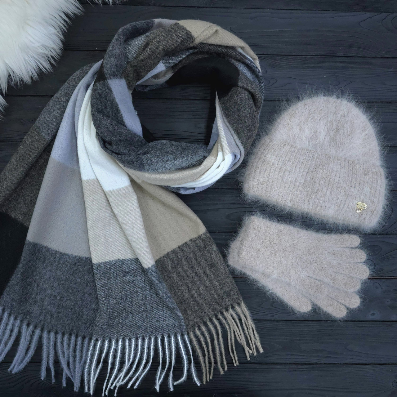 Комплект жіночий зимовий ангоровий на флісі (шапка+шарф+рукавички) ODYSSEY 56-59 см Бежевий 13881 - 1080 - 4193, фото 1