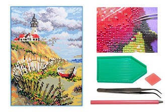 Мозаїка алмазна 5D Маяк на пляжі 25*33 см.