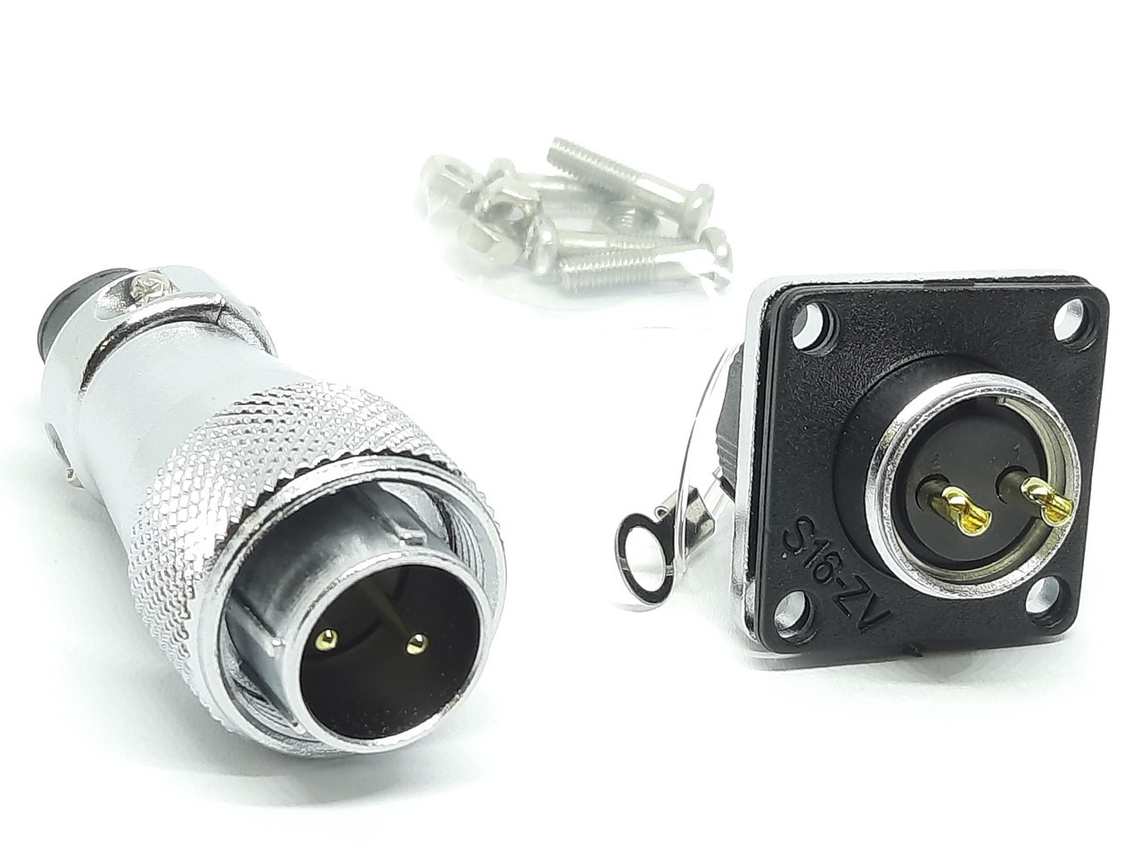 З'єднувач силовий WS16 2pin 15A, комплект male+female, квадратний фланець під монтаж