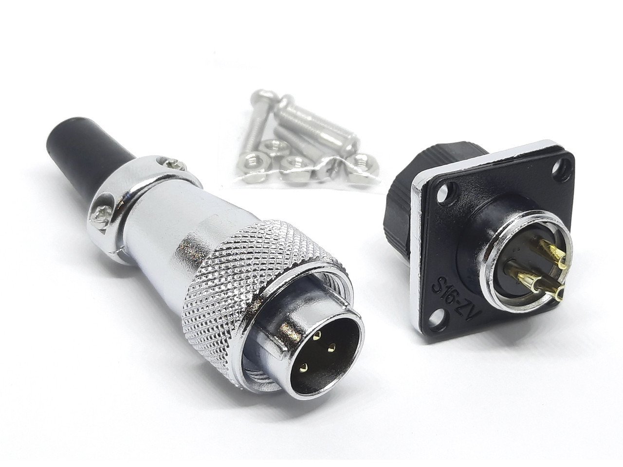 З'єднувач силовий WS16 3pin 15А, комплект male+female, квадратний фланець під монтаж