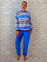 Пижама женская оптом теплая вельсофт махра кофта с длинным рукавом и штаны на манжете розовый голубой р.46 50