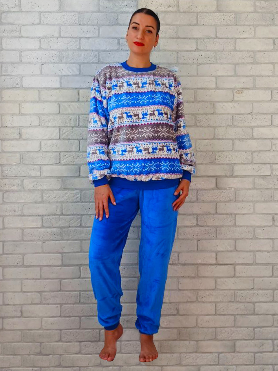 Пижама женская оптом теплая вельсофт махра кофта с длинным рукавом и штаны на манжете розовый голубой р.46 50 - фото 1 - id-p2350994669
