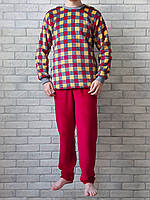 Теплая пижама опт вельсофт махра для подростка кофта и ровные штаны без манжета красная с желтым клетка р.46