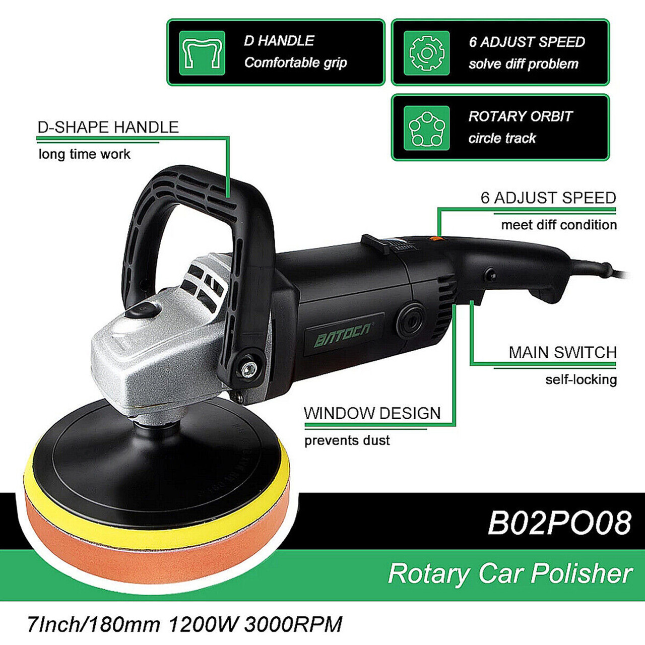 РОТОРНА ПОЛІРУВАЛЬНА МАШИНА BATOCA 1200W 180мм