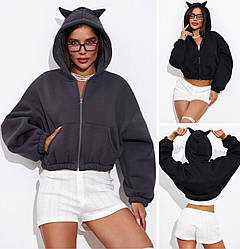 Тепле жіноче худі з вушками на капюшоні укорочене на блискавці молодіжне на флісі, сіре, чорне