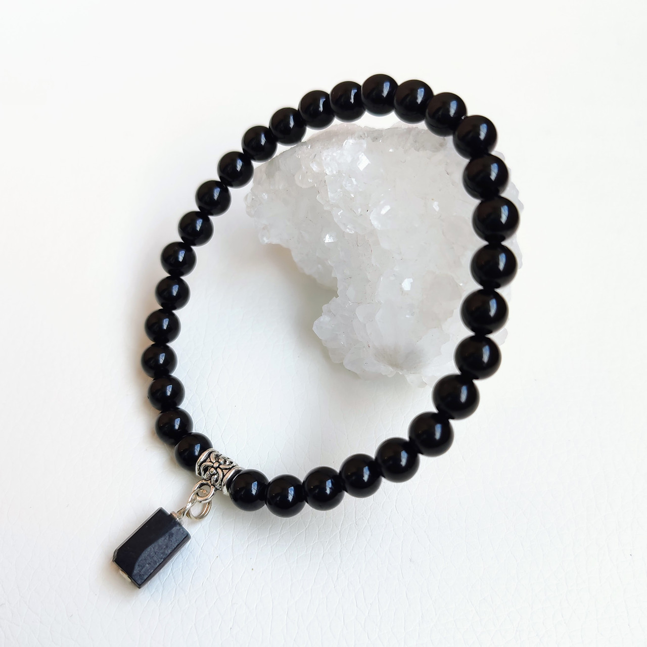 Браслет із Чорного турмаліну d 6мм з підвіскою