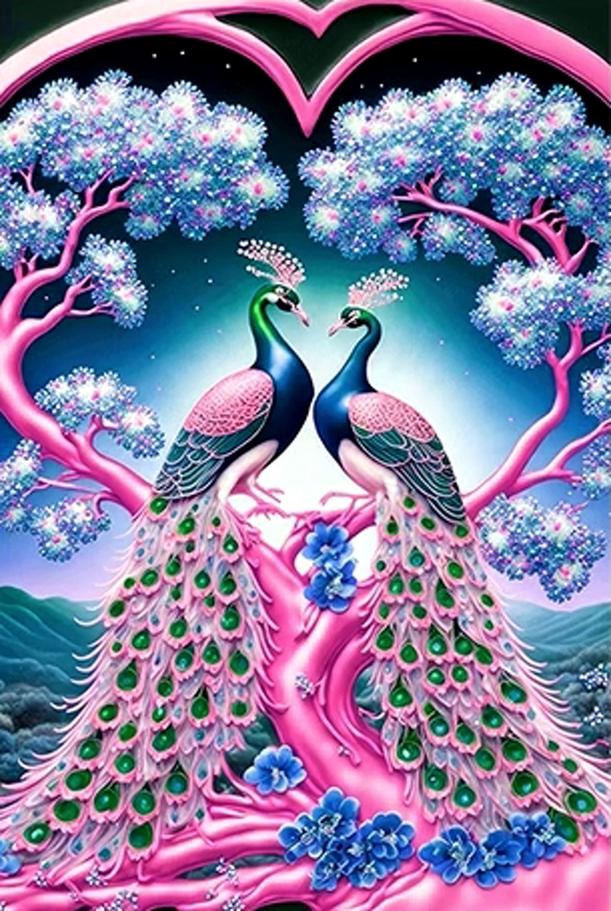 Набір для вишивання хрестиком Два рожевих павичі розмір картини 88*59 см (Розмір картини 79,7*49,5см), фото 1