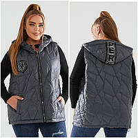 Женская жилетка - безрукавка с плащевки, со стразами. Демисезонная женская жилетка с капюшоном р-48-58 графит