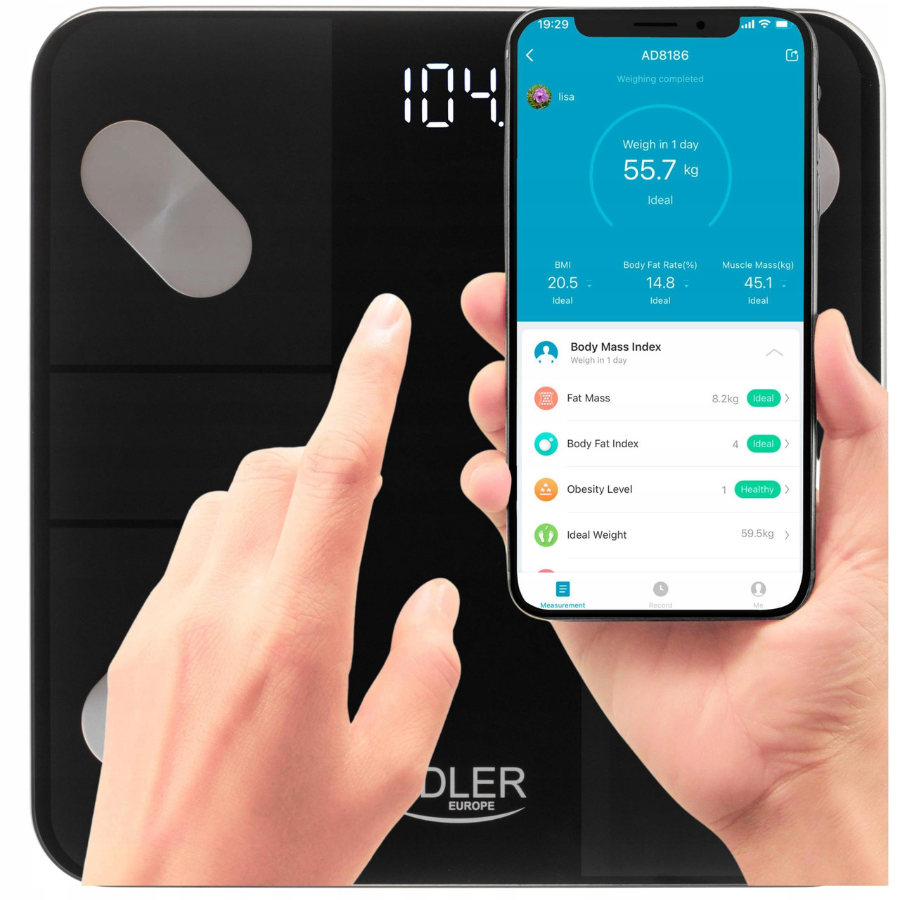 Розумні підлогові ваги Adler AD 8186 Black — 180 кг, Bluetooth 4.2, 18 параметрів