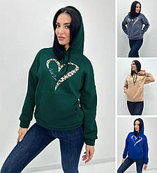 Тепла жіноча толстовка на флісі гарна модна з принтом серце, зелена, синя, сіра, бежева
