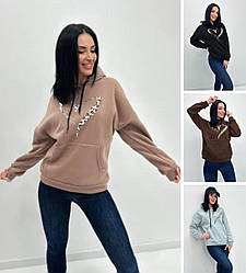 Тепле жіноче худі на флісі з капюшоном модне молодіжне з принтом серце, моко, чорне, сіре, коричневе