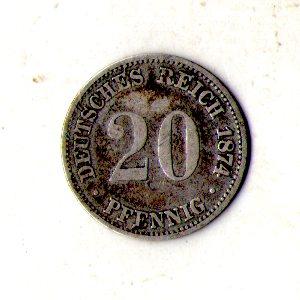 Німецька імперія 20 пфенінгів 1874 рік срібло №1055