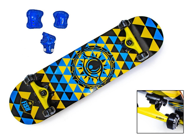 Скейтборд FISH Blue-Yellow EYE с защитой в комплекте. Нагрузка до 90 кг