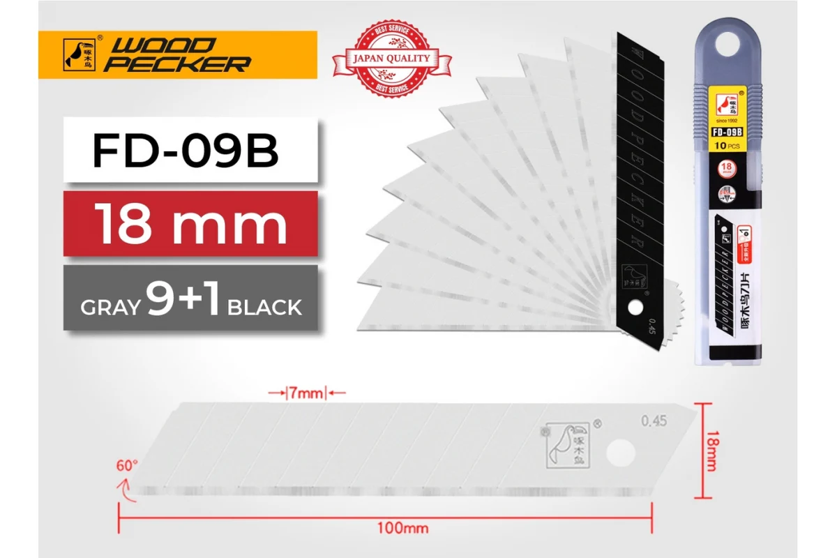 Леза для будівельного ножа 18 мм 30° Woodpecker FD-03 сірі
