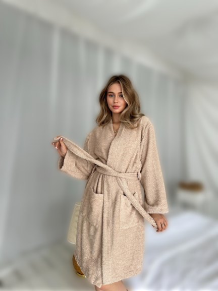 Халат махровий жіночий для будинку розмір S, гарний халат кімоно якісний запашний довгий Бежевий, фото 1