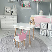 Стіл та стілець для дитини, столик із підйомною шухлядою 53х60х45 стільчик корона для відпочинку 26.5х26х25, білий з рожевим, фото 9