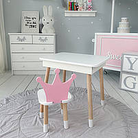 Стіл та стілець для дитини, столик із підйомною шухлядою 53х60х45 стільчик корона для відпочинку 26.5х26х25, білий з рожевим, фото 8