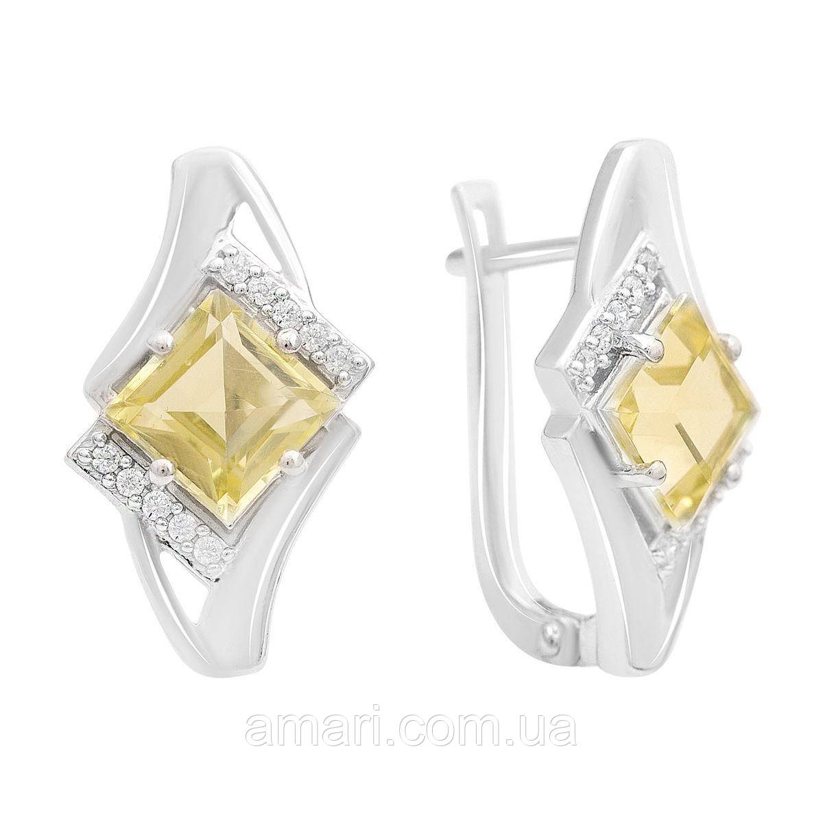 Срібні сережки Komilfo з натуральним зеленим кварцом 3.645ct, фіанітами (2162261), фото 1