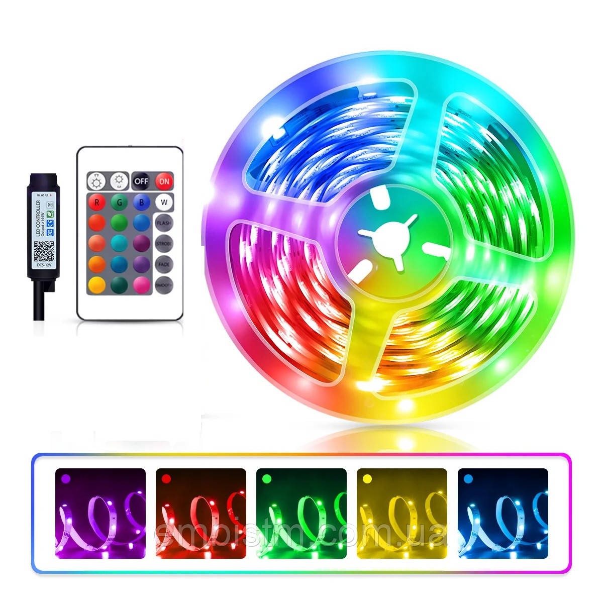 Світлодіодна стрічка 5 метрів SMD 5050 RGB з Bluetooth працює від USB водостійка біла основа