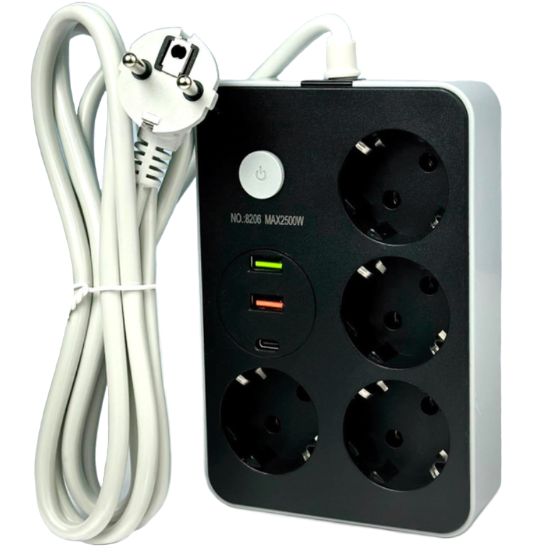 Подовжувач мережевий Power Socket 8206, 2 USB, Type-C, 4 розетки, 2 м, чорний, фото 1