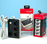 Подовжувач мережевий Power Socket 8206, 2 USB, Type-C, 4 розетки, 2 м, чорний, фото 2