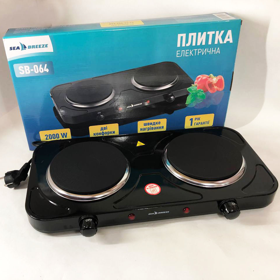 Настільна плита електрична Sea Breeze SB-064 2000 Вт, переносна настільна електроплита. Колір: чорний, фото 1