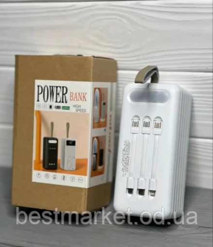 Зовнішній акумулятор Power Bank 60000 mAh Павербанк із вбудованими кабелями USB-C, Micro-USB, Lightning