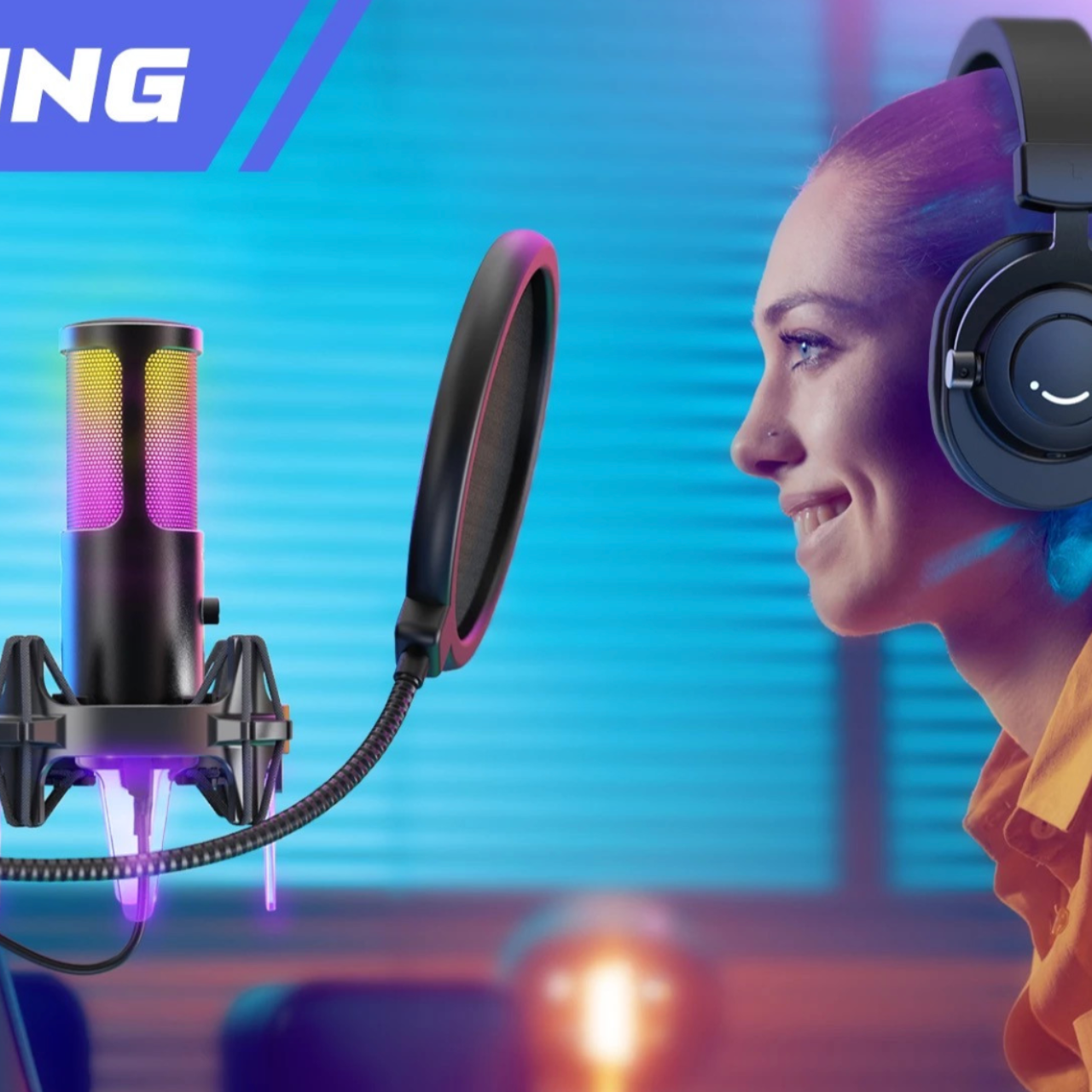 Мікрофон Fifine F17 зі стійкою, поп-фільтром та RGB підсвічуванням, Ігровий мікрофон, Студійний мікрофон