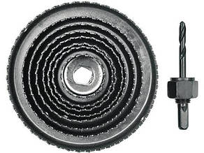 Пили кільцеві по дереву VOREL + свердло Ø=38-127 мм, h=21 мм. направл. Ø — 6 мм, кпл. 9 шт. [6/24]