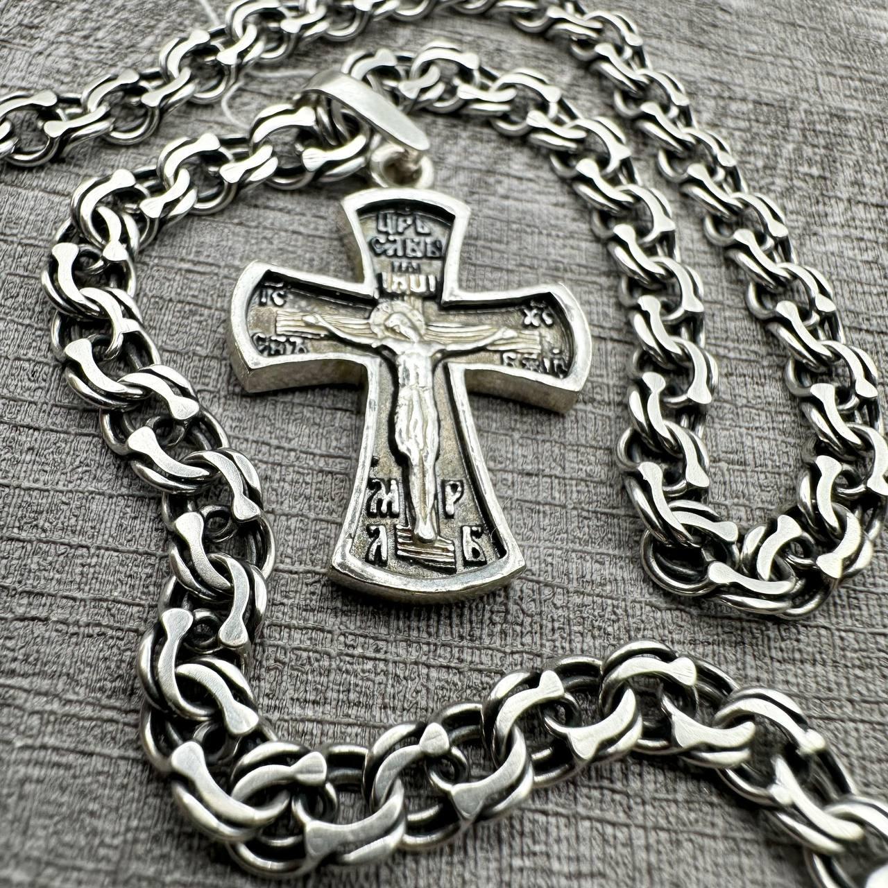 Cрібний комплект православний хрестик та ланцюжок бісмарк 925 проби