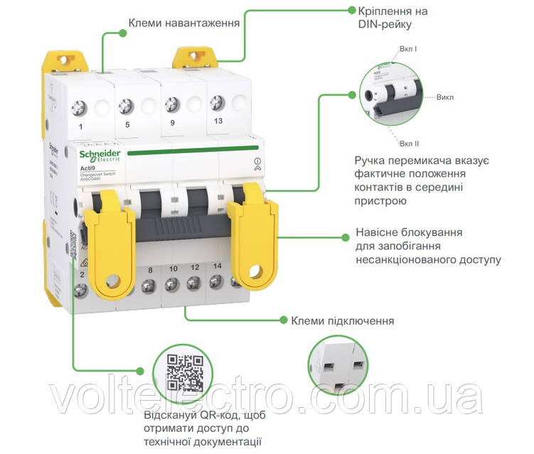 Переключатель ввода резерва 40А, 1 полюс, iSSW Acti9 Schneider