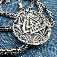 Серебряный комплект кулон Валькнут и шлем страха с цепочкой лисий хвост 925 пробы