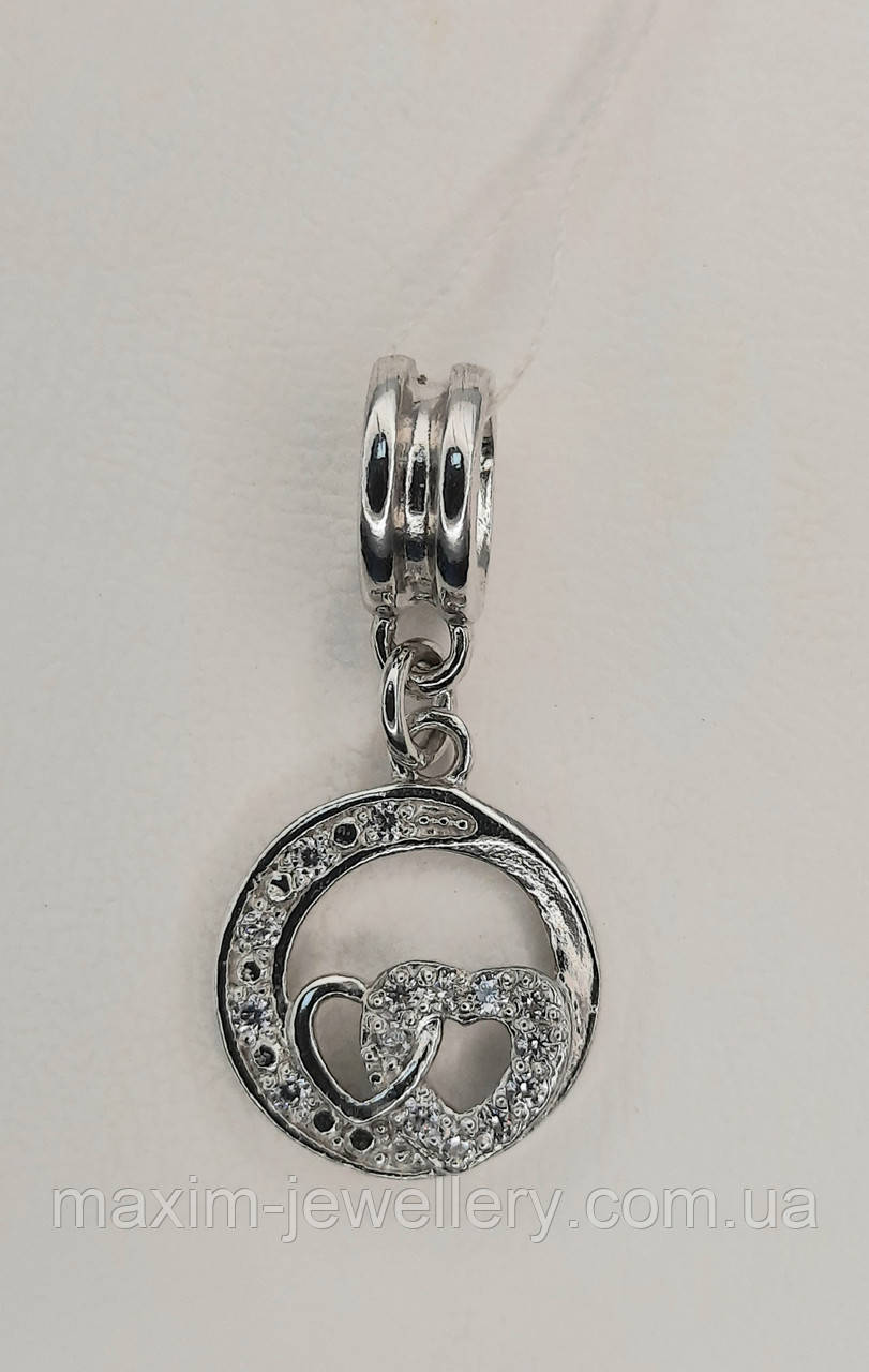 Підвіска -шарм "Два серця" з цирконієм зі срібла, фото 1