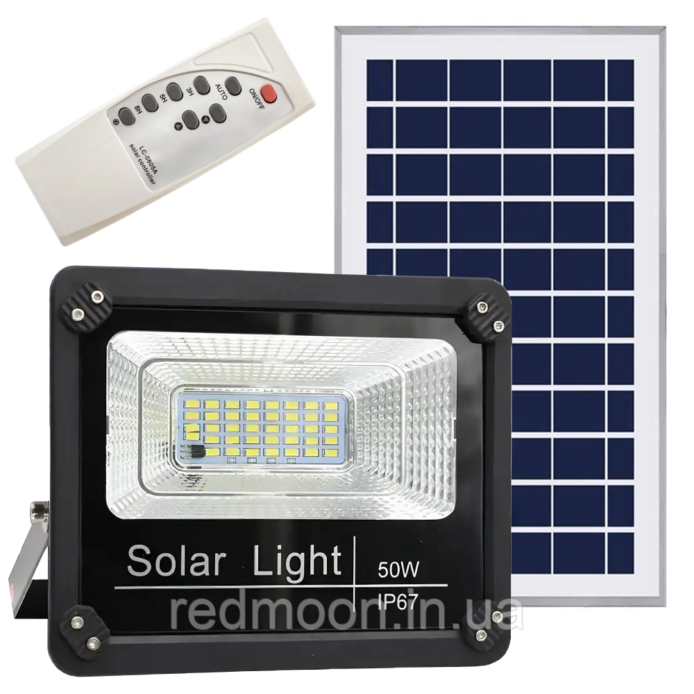 Вуличний ліхтар-прожектор із сонячною панеллю 50Вт 6500K + пульт, W722 / Світильник-прожектор для вулиці, фото 1
