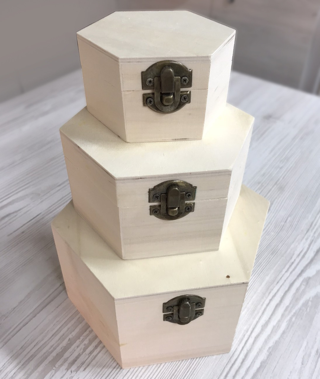 🤍Набір шестигранних дерев'яних скриньок для декорування 3шт., колір Білий, фото 1