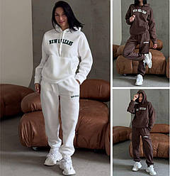 Жіночий спортивний костюм на флісі теплий стильний молодіжний оверсайз, білий, коричневий, розмір 42/46