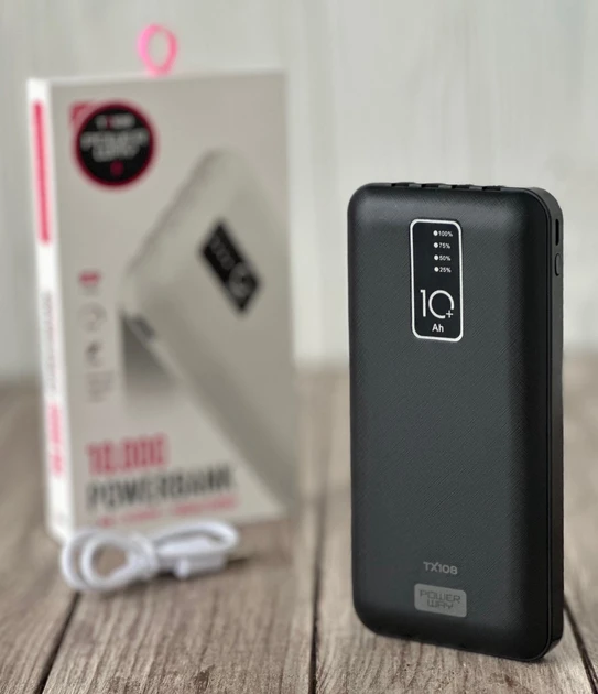 Power Bank Power Way TX108 10000 mAh 4 вбудовані кабелі Black, фото 1