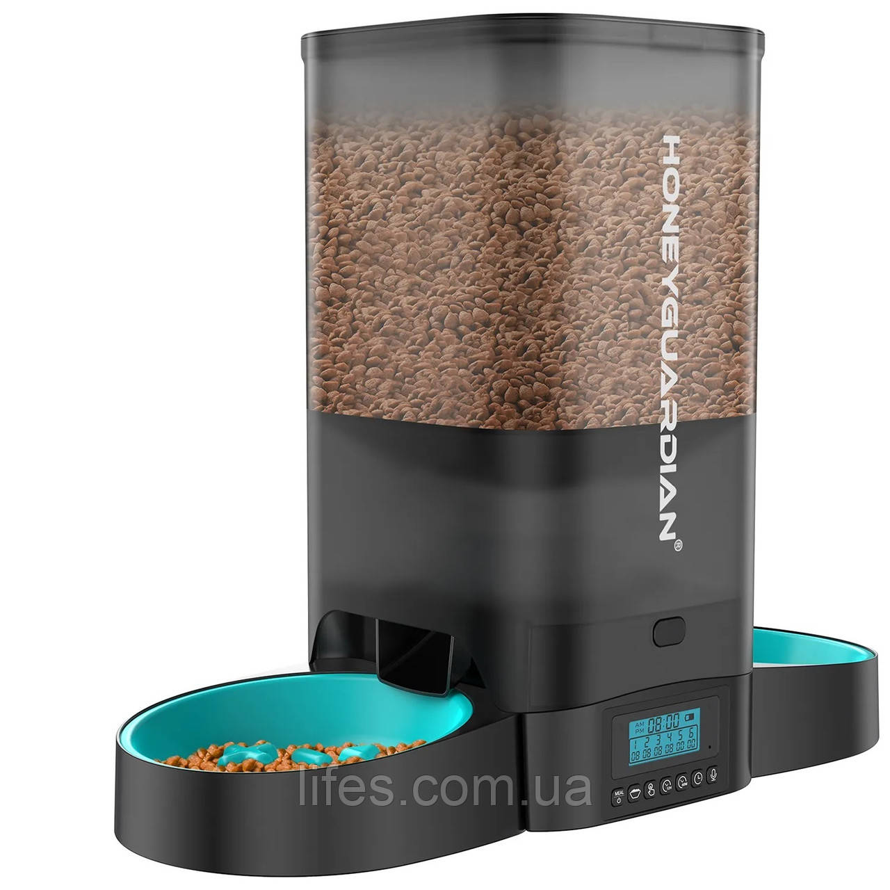 Годівниця для котів та собак автоматична Honeyguaridan A305D 2 рельєфні миски 5л Чорна