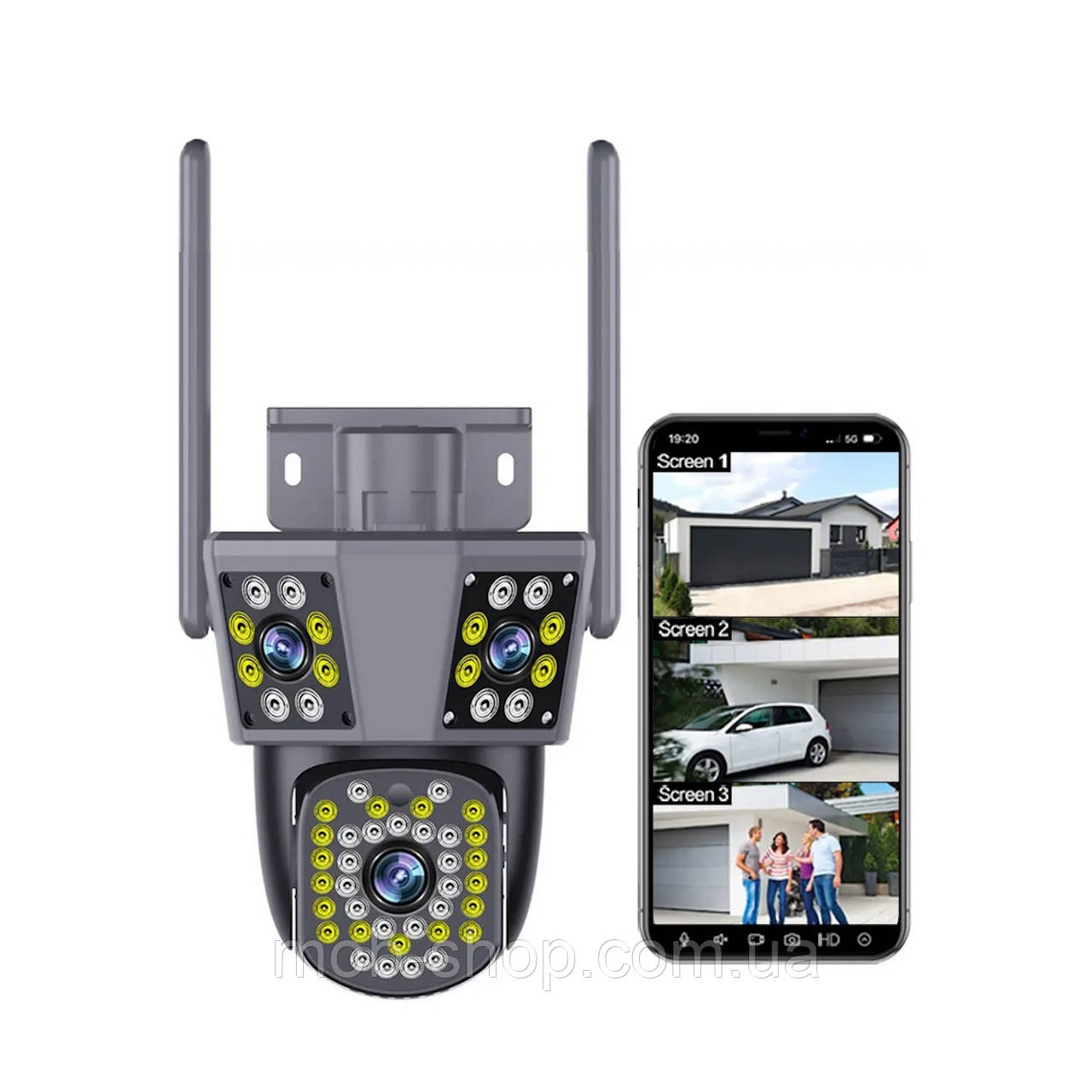 Вулична охоронна камера IP WiFi PC226 з трьома об'єктивами по 3 Мп з підсвічуванням та нічною зйомкою, фото 1