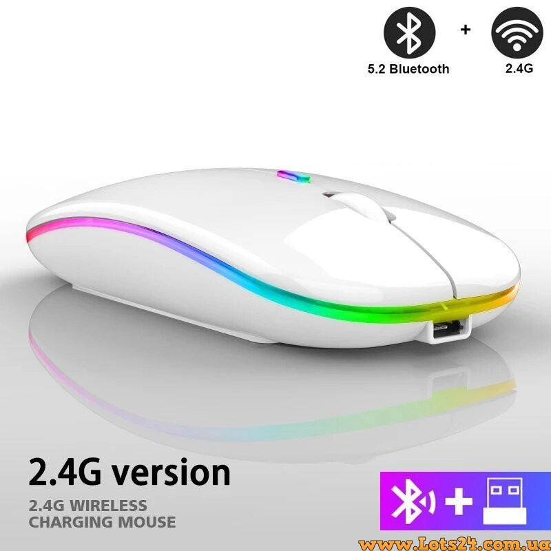 Бездротова мишка з RGB-підсвіткою 1600 DPI Bluetooth 5.2 та USB адаптером для ПК ноутбуків смартфонів і планшетів тихий хід кнопок
