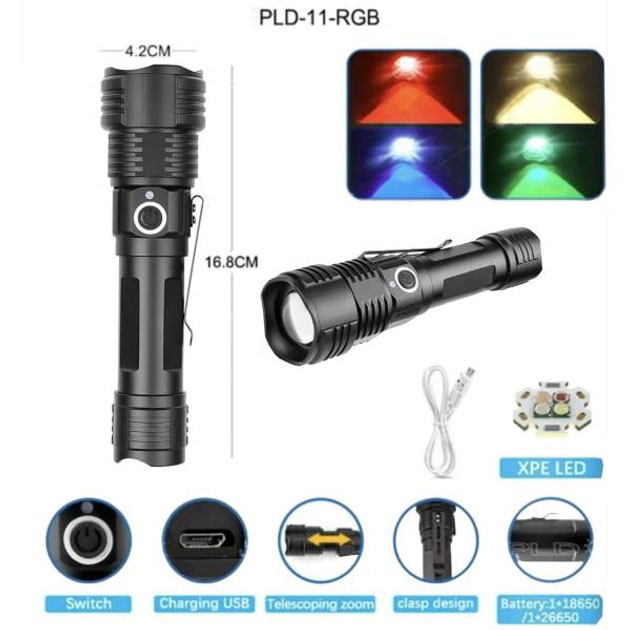 Ліхтар Тактичний PLD-11. Акумуляторний, 4x XPE LED, RGB Світло, З Zoom, USB-Зарядка, Кишеньковий, фото 1